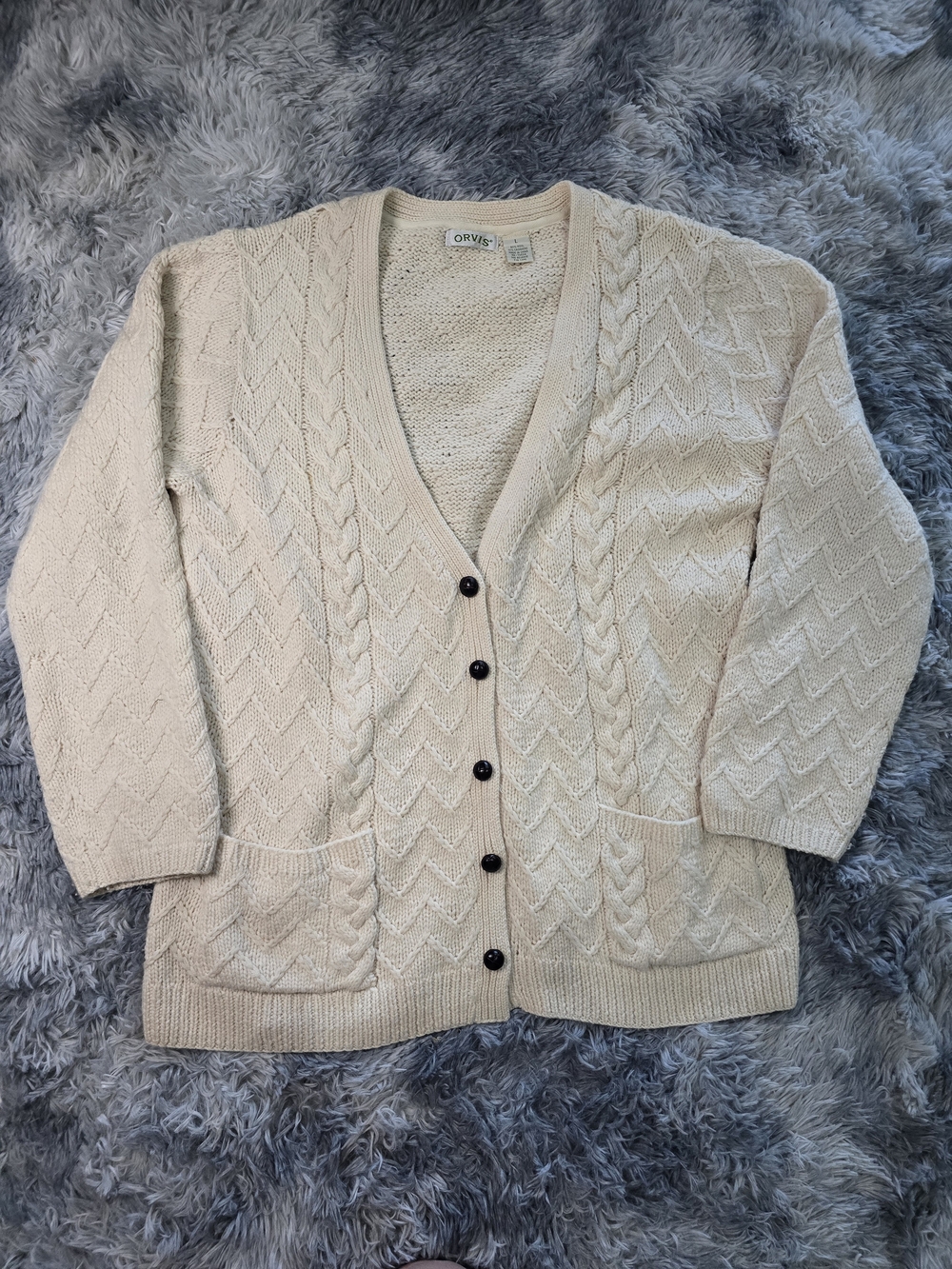 Orvis Cream Cable-Knit Button Cardigan Sweater - Picture 2 of 11